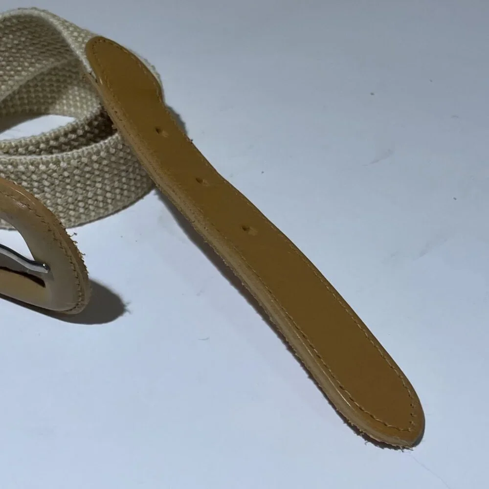 Vintage 90s Woven Stretch Belt Women's Size M Cream Genuine Leather Trim Preppy